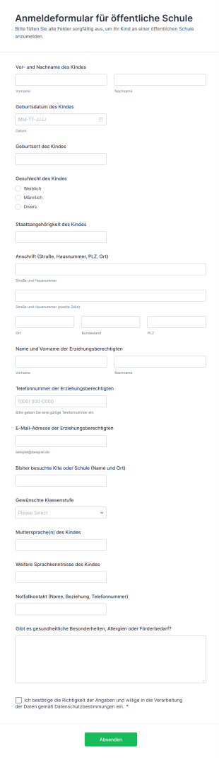 Anmeldeformular Für öffentliche Schule