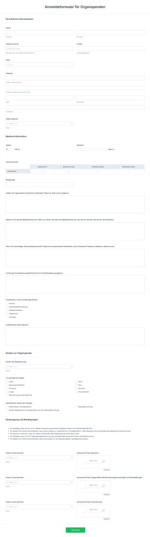 Anmeldeformular Für Organspenden Form Template