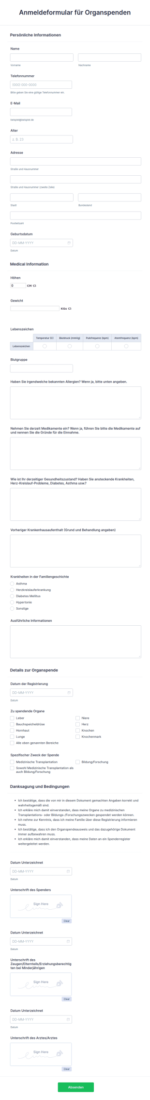 Anmeldeformular Für Organspenden