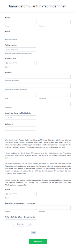 Anmeldeformular Für Pfadfinderinnen
