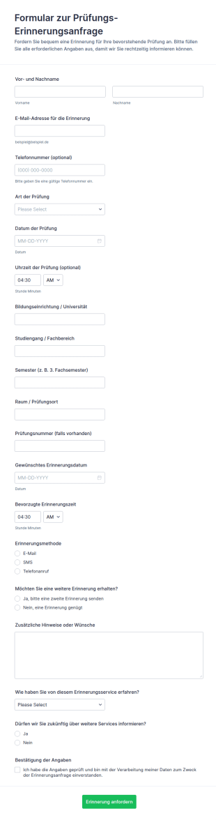 Anmeldeformular Für Prüfungserinnerungen