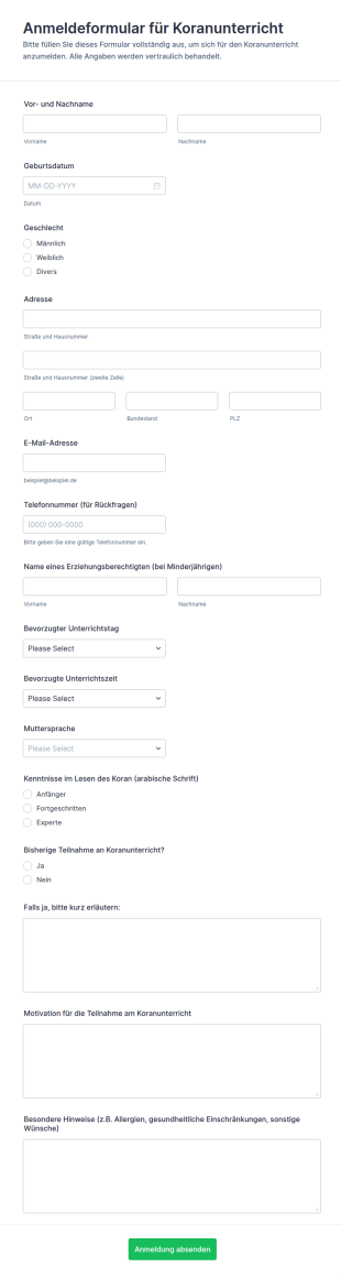 Anmeldeformular Für Quran Unterricht