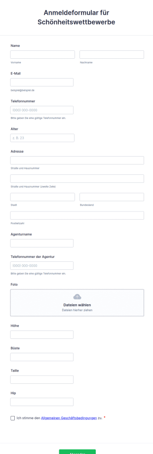 Anmeldeformular Für Schönheitswettbewerbe