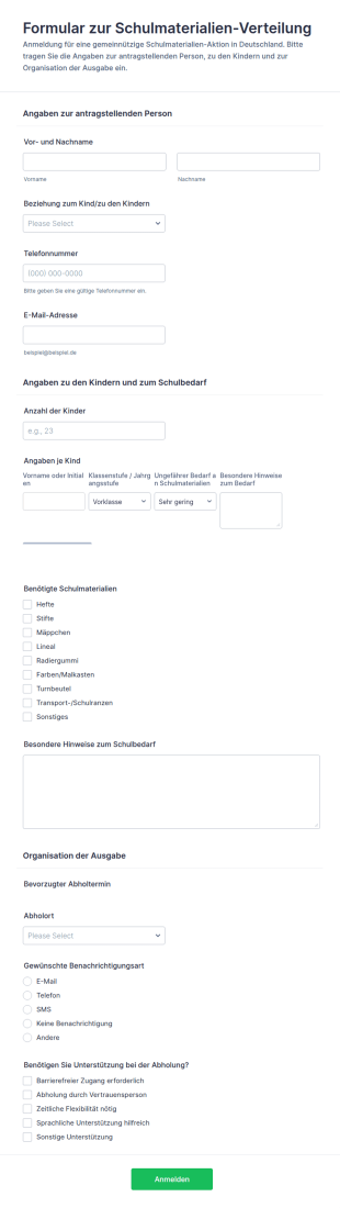 Anmeldeformular Für Schulmaterialienvergabe