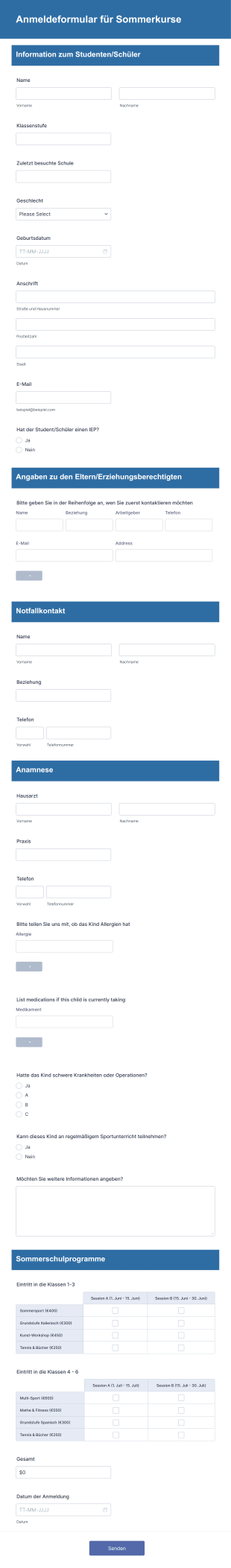 Anmeldeformular Für Sommerkurse Form Template