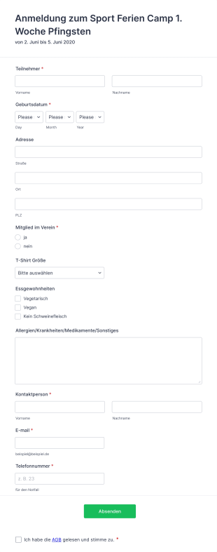 Anmeldeformular Für Sport Feriencamp Form Template