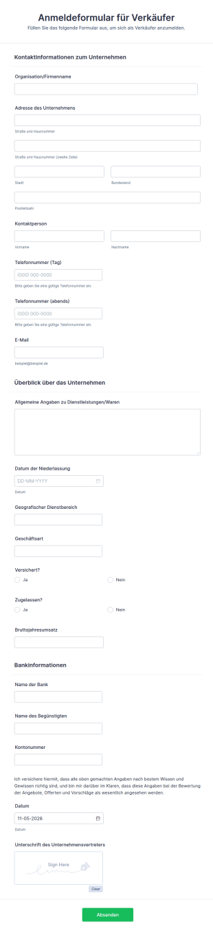 Anmeldeformular Für Verkäufer