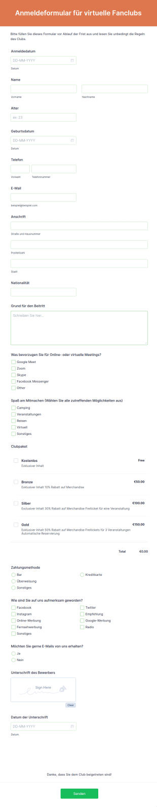 Anmeldeformular Für Virtuelle Fanclubs