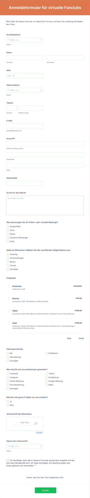 Anmeldeformular Für Virtuelle Fanclubs