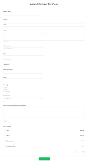 Anmeldeformular Tierpflege Form Template