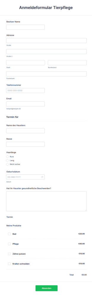 Anmeldeformular Tierpflege