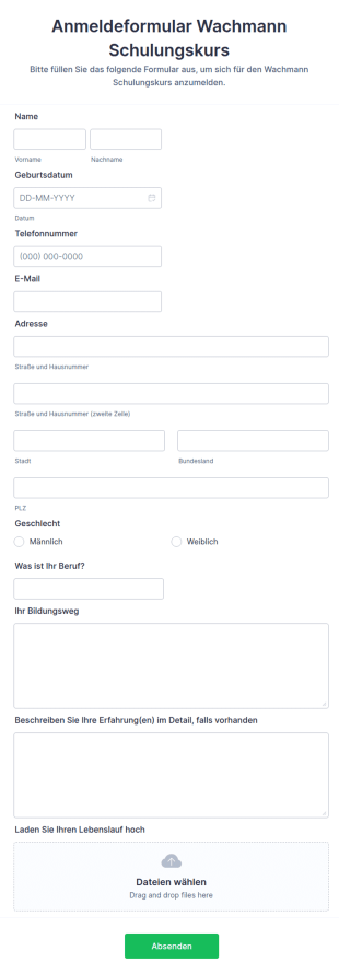 Anmeldeformular Wachmann Schulungskurs