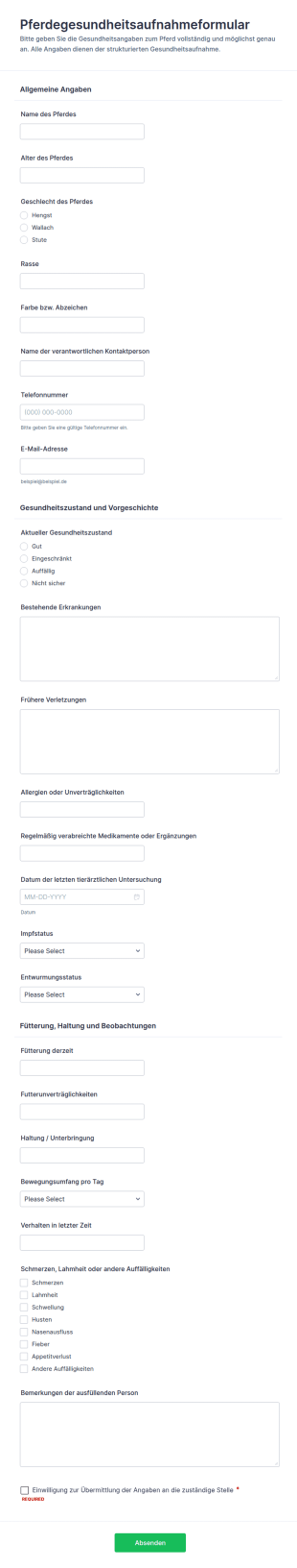 Anmeldeformular Zur Erfassung Der Pferdegesundheit