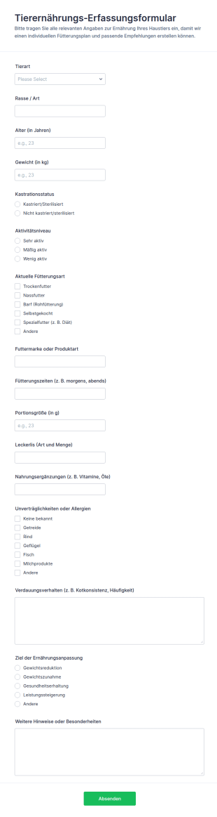 Anmeldeformular Zur Tiernahrungsaufnahme