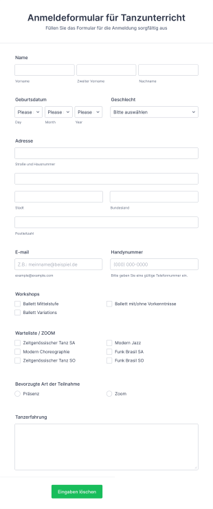 Anmeldeformular Für Tanzunterricht Form Template