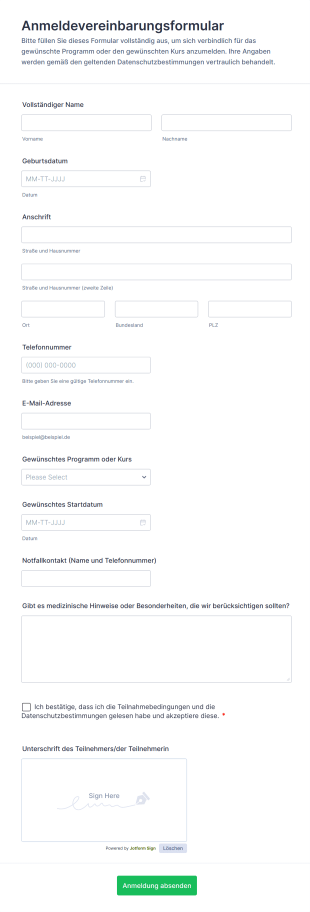 Anmeldevereinbarungsformular