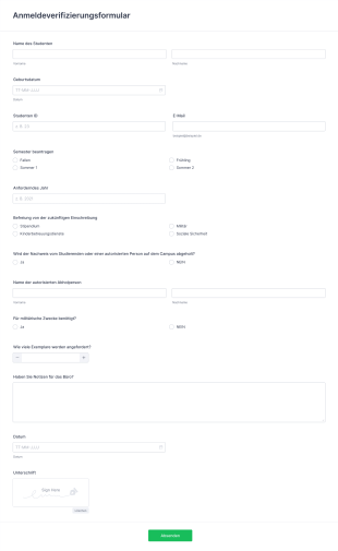 Anmeldeverifizierungsformular Form Template