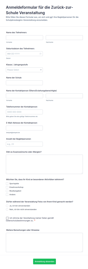 Anmeldung Für Das Schulanfangs Event Formular