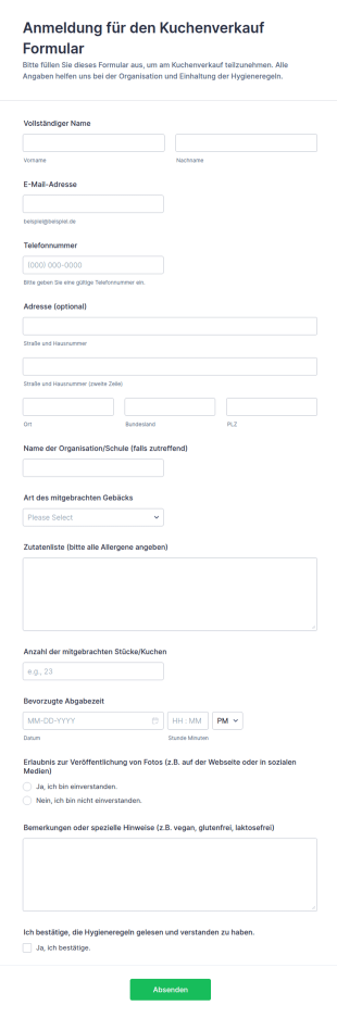 Anmeldung Für Den Kuchenverkauf Formular