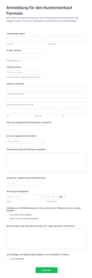 Anmeldung Für Den Kuchenverkauf Formular