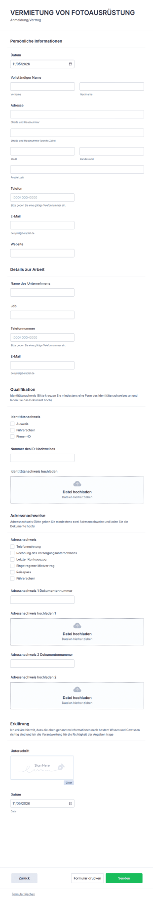 Anmeldung Für Den Verleih Von Fotoausrüstung