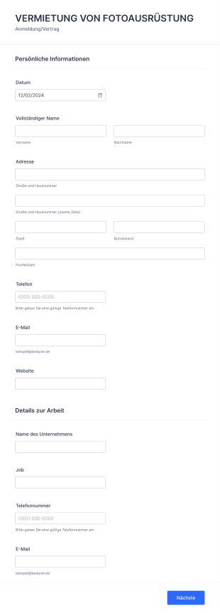 Anmeldung Für Den Verleih Von Fotoausrüstung Form Template
