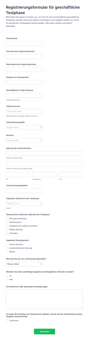 Anmeldung Für Die Geschäftliche Testphase