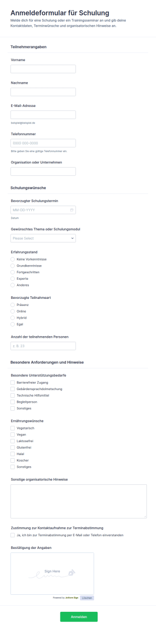 Anmeldung Für Eine Schulungsveranstaltung