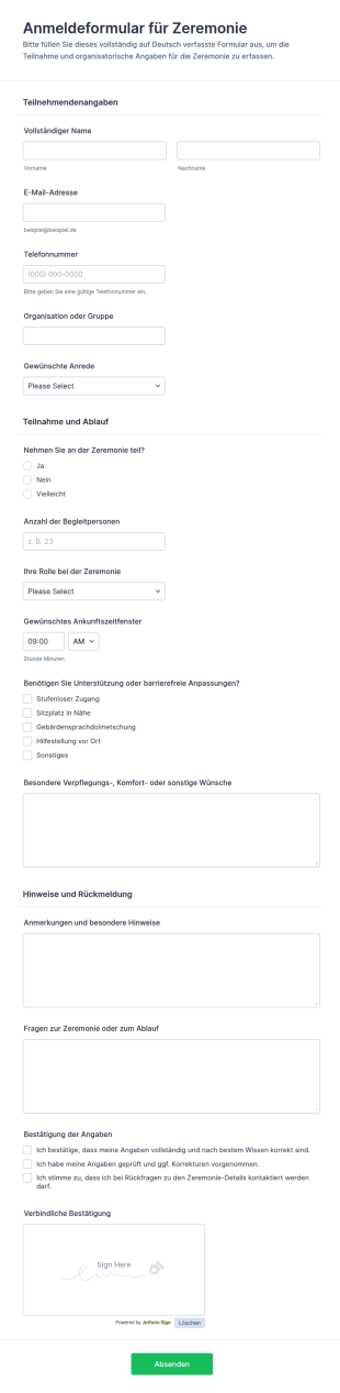 Anmeldung Für Eine Zeremonie