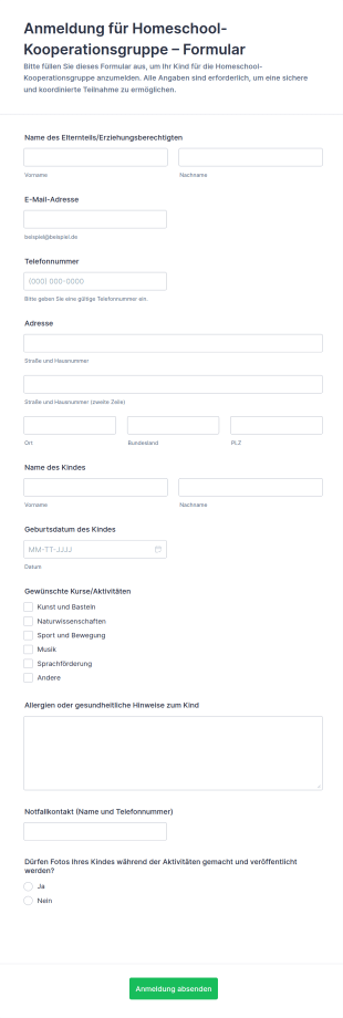 Anmeldung Für Homeschool Kooperative Formular