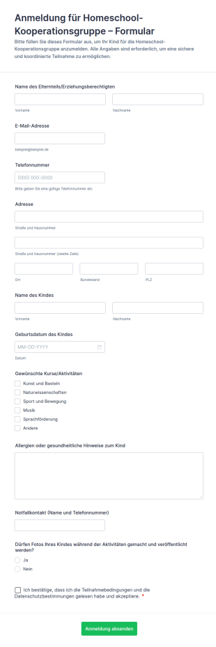 Anmeldung Für Homeschool Kooperative Formular