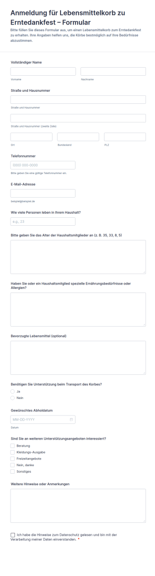 Anmeldung Für Lebensmittelkorb Zu Erntedankfest – Formular