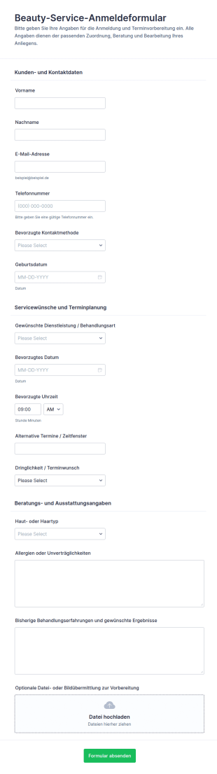 Anmeldung Für Schönheitsdienstleistungen