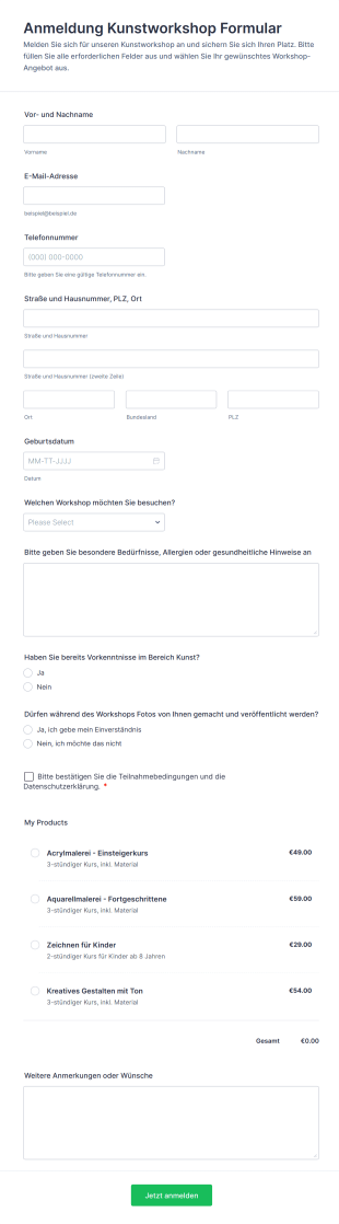 Anmeldung Kunstworkshop Formular