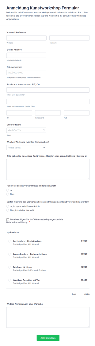 Anmeldung Kunstworkshop Formular