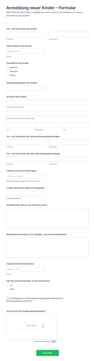 Anmeldung Neuer Kinder – Formular
