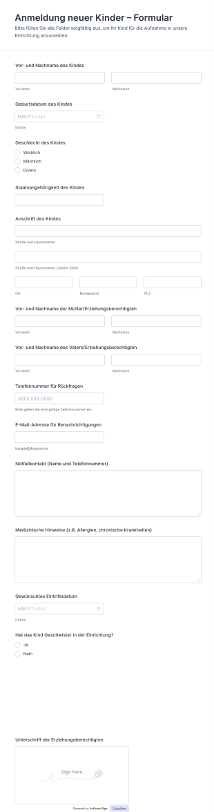 Anmeldung Neuer Kinder – Formular