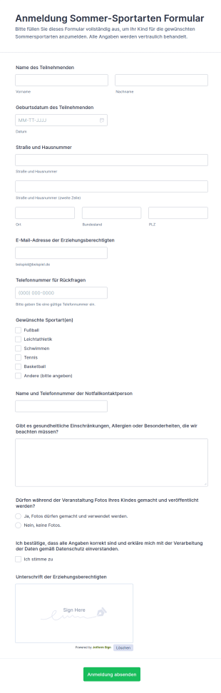 Anmeldung Sommer Sportarten Formular