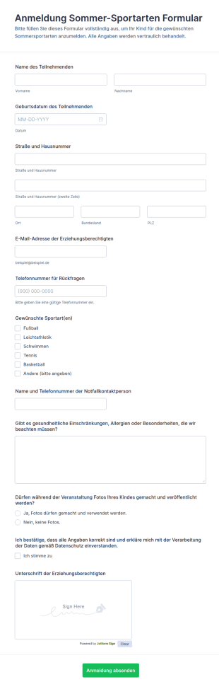 Anmeldung Sommer Sportarten Formular