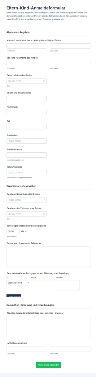 Anmeldung Von Eltern Und Kind Form