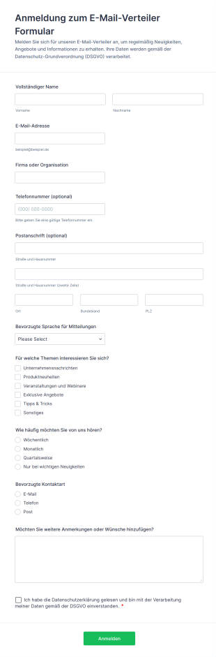 Anmeldung Zum E Mail Verteiler Formular