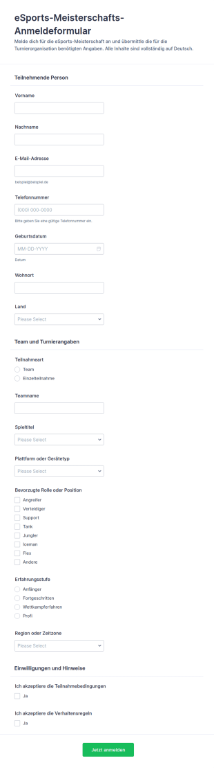 Anmeldung Zum ESports Turnier