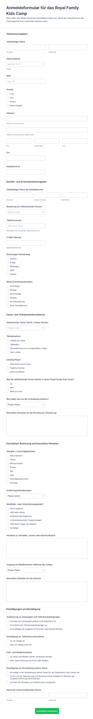 Anmeldung Zum Kinder Camp Der Königlichen Familie
