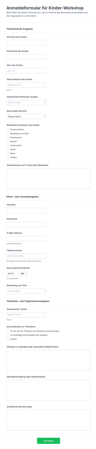 Anmeldung Zum Kinder Workshop
