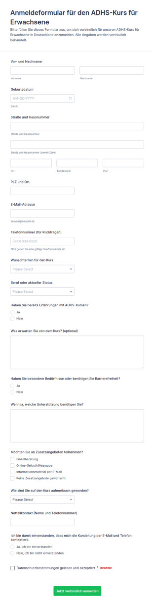 Anmeldung Zum Kurs Für Erwachsene Mit ADHS