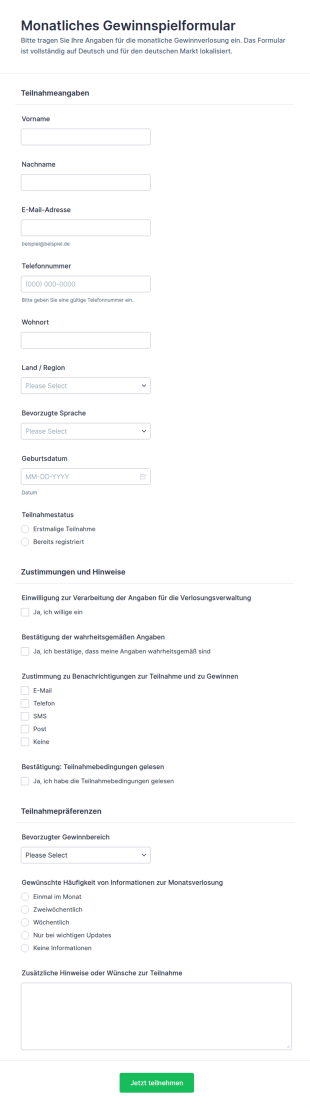 Anmeldung Zum Monatlichen Gewinnspiel