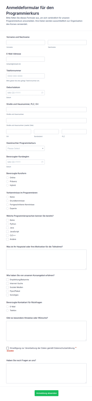 Anmeldung Zum Programmierkurs