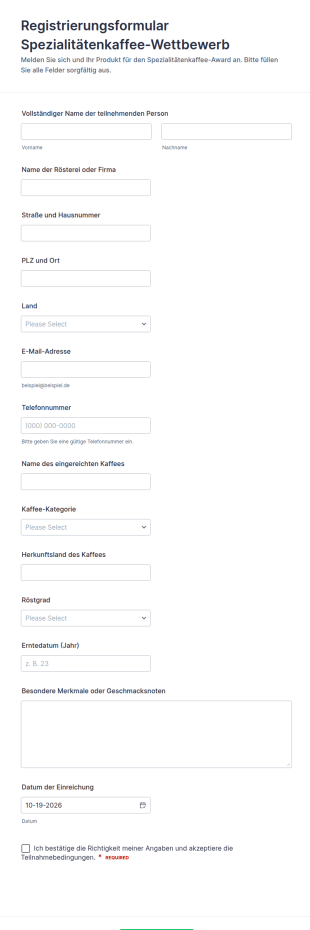 Anmeldung Zum Spezialitätenkaffee Wettbewerb