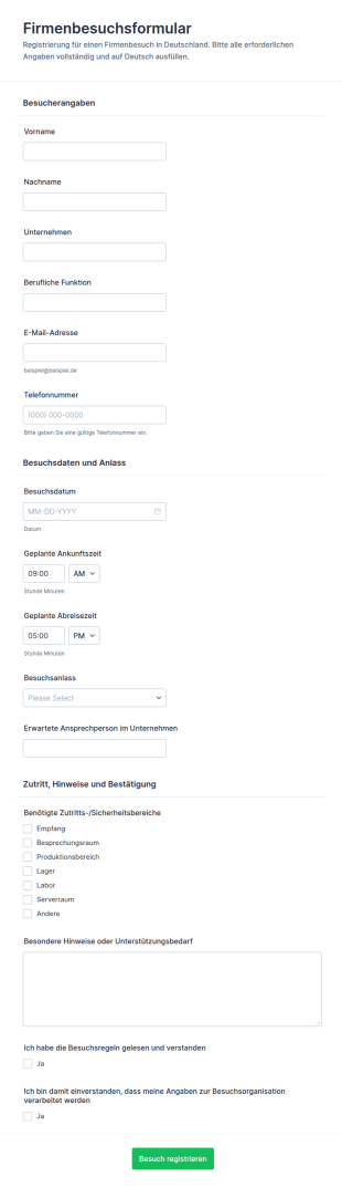 Anmeldung Zum Unternehmensbesuch Form