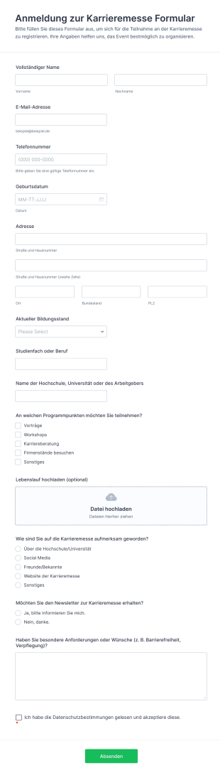 Anmeldung Zur Karrieremesse Formular